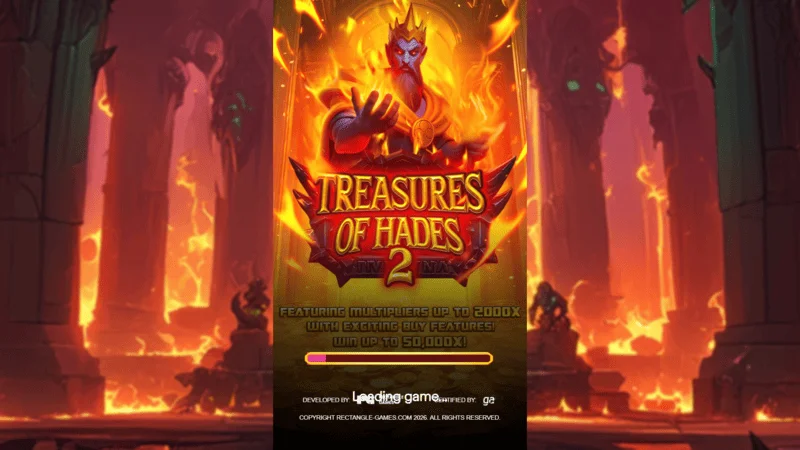 Treasures of Hades 2 — ჩატვირთვის ეკრანი Rectangle Games-ის სლოტისა მითოლოგიურ ქვესკნელის გარემოცვაში